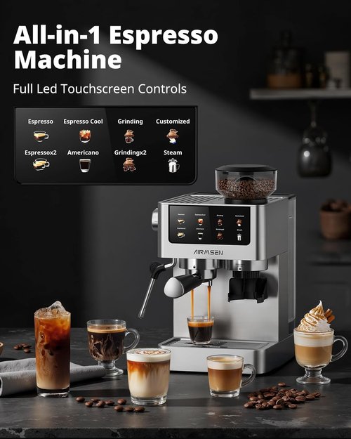 AIRMSEN Espresso Machine - 20 Bar Coffee Maker with Burr Grinder & Milk Frother | Stainless Steel for Home Use