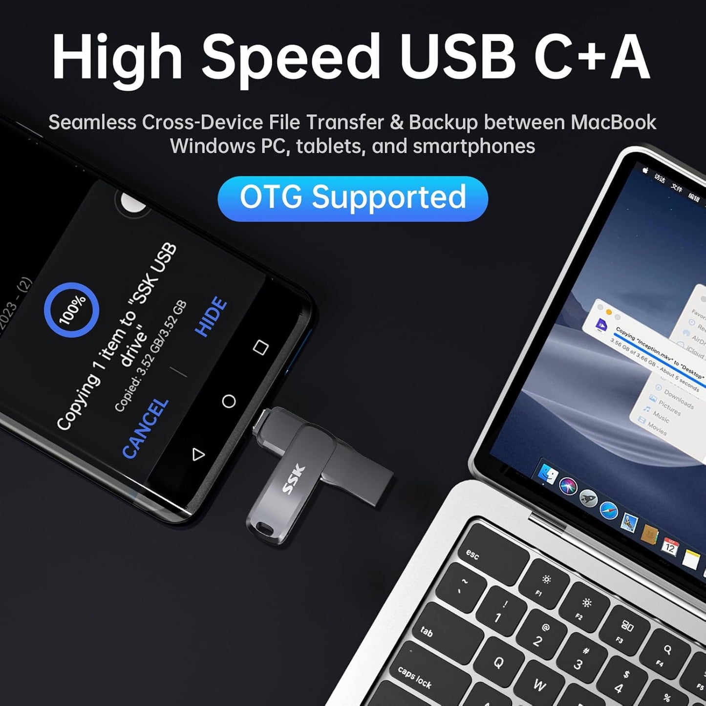 SSK 3.2 64GB,Up 200 USB Flash Drive to MB/S Read Speed USB C Memory Stick,Dual USB C Thumb Drive with USB Type-C