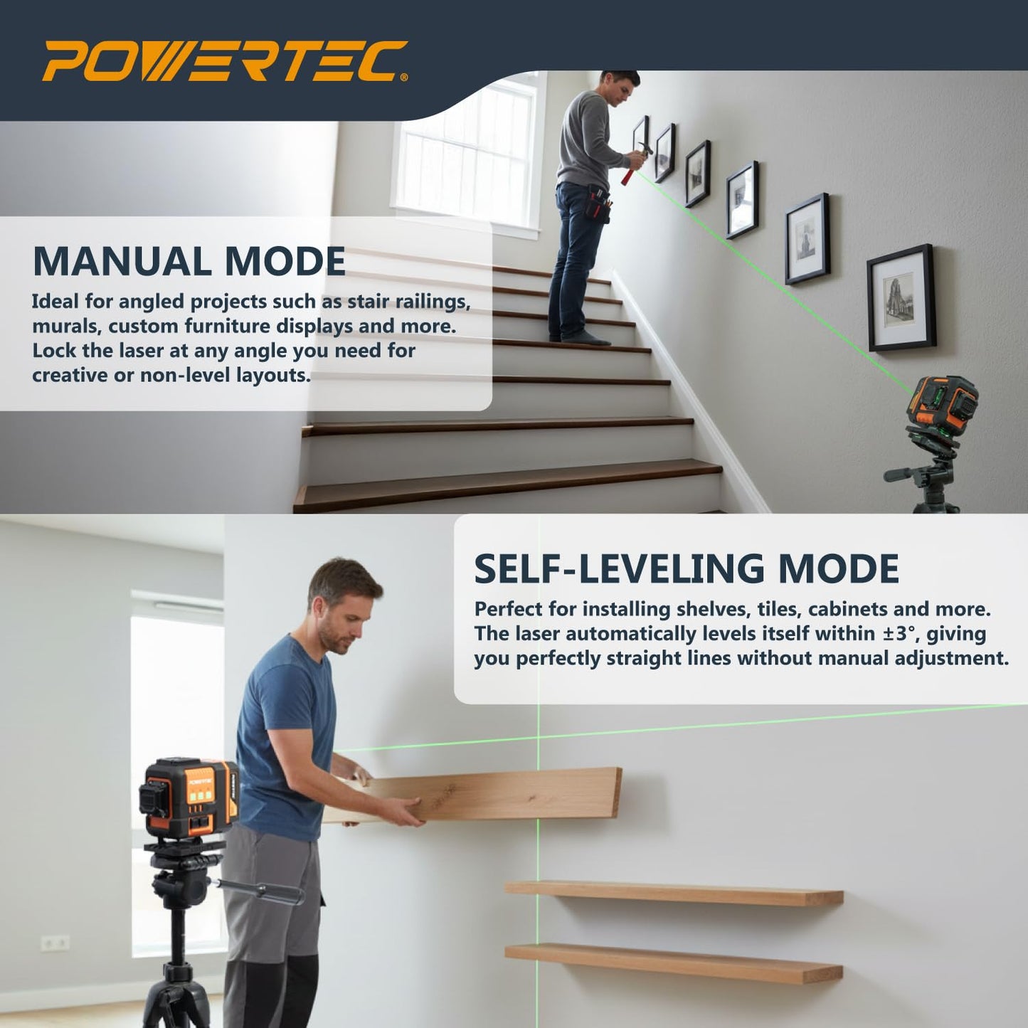 POWERTEC LE3360V 3×360° Laser Level, Self-Leveling with Remote Control & Lift Platform, USB-C Rechargeable – For Construction, Tiling, Framing, Drop Ceilings, Cabinets & DIY Projects