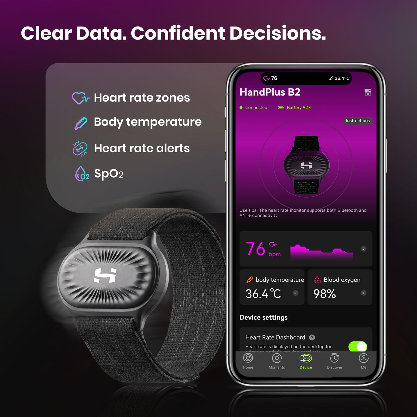 HandPlus Heart Rate Monitor, Comfort Training-Grade Optical Fitness Tracker, Advanced Optical HR with Zone Accuracy, 72h Offline Storage, Bluetooth & ANT+ for Fitness Training