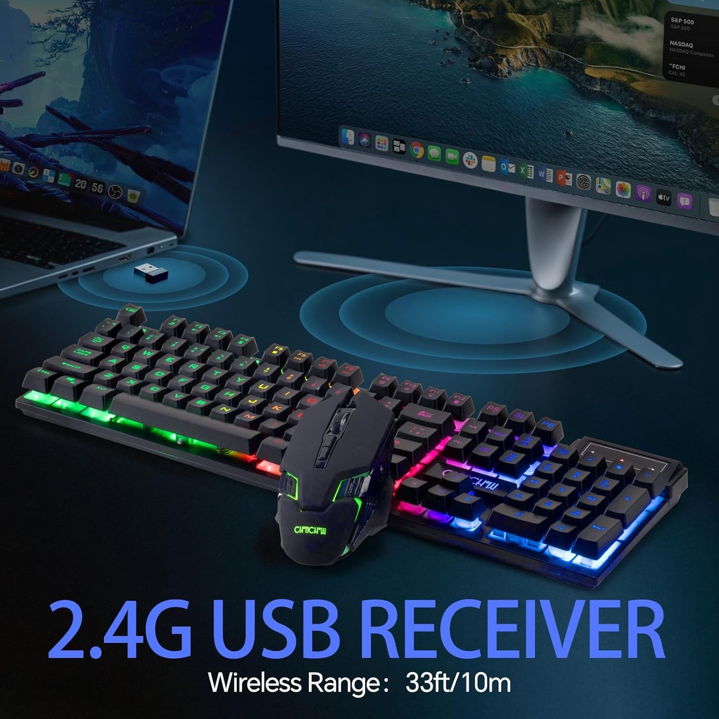 CHONCHOW 2.4G Wireless Keyboard and Mouse Combo - Rechargeable USB Rainbow LED Backlit Wireless Gaming