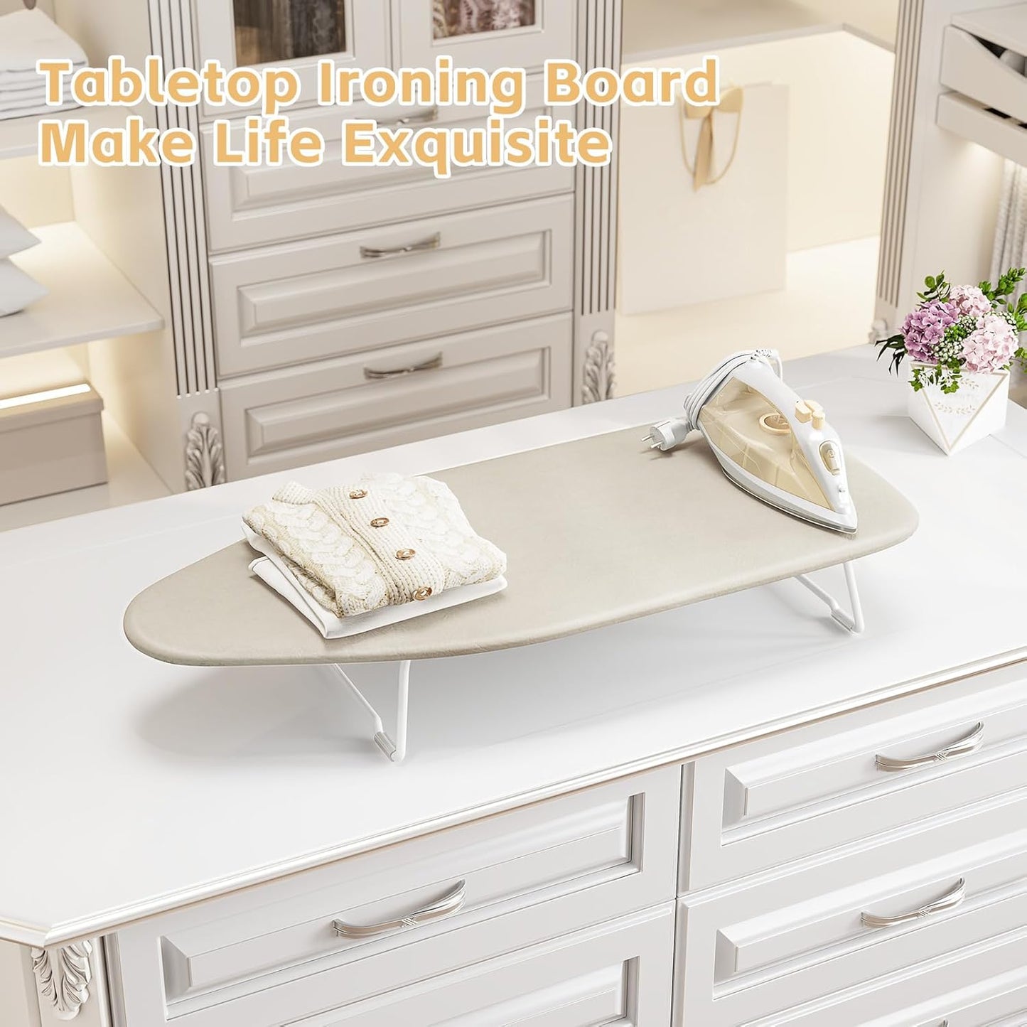 Skiennix Compact Ironing Board - Heat Resistant Cover & Metal Mesh Frame - 12" x 30" - Cream White