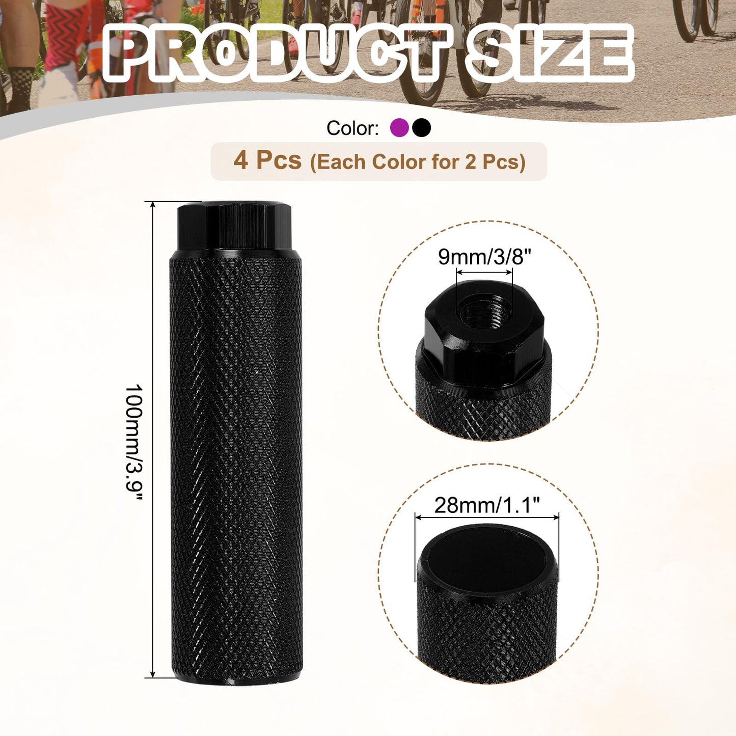 PATIKIL Bike Pegs Fit 3/8 Inch Axles, 4 Pack Aluminum Alloy Anti-Skid Lead Foot Small Bicycle Peg Back Seat Stands for BMX Mountain Dirt Bike Cycling Rear, Purple/Black
