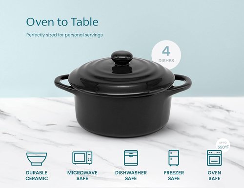 Kook Ceramic Mini Cocotte Set - 12 oz Individual Baking Ramekins | Oven Safe, Microwave & Dishwasher Safe, Black - Set of 4