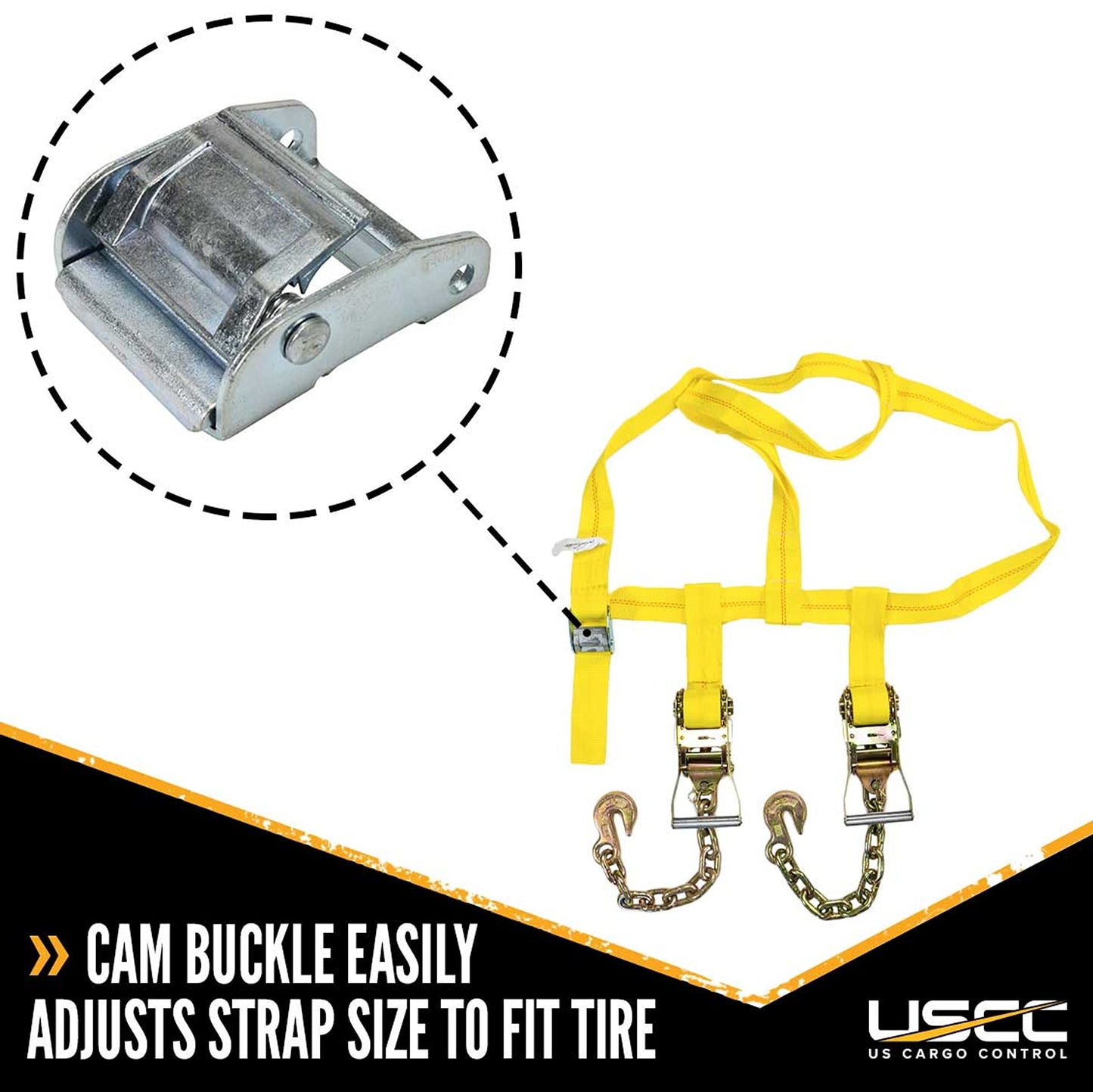 US Cargo Control Side Mount Wheel Net with Cam Buckle,Two Ratchets and Chain Extensions, Easy to Use Wheel Strap for Vehicle Tie Down Applications, Durable Polyester Webbing, 2 Pack