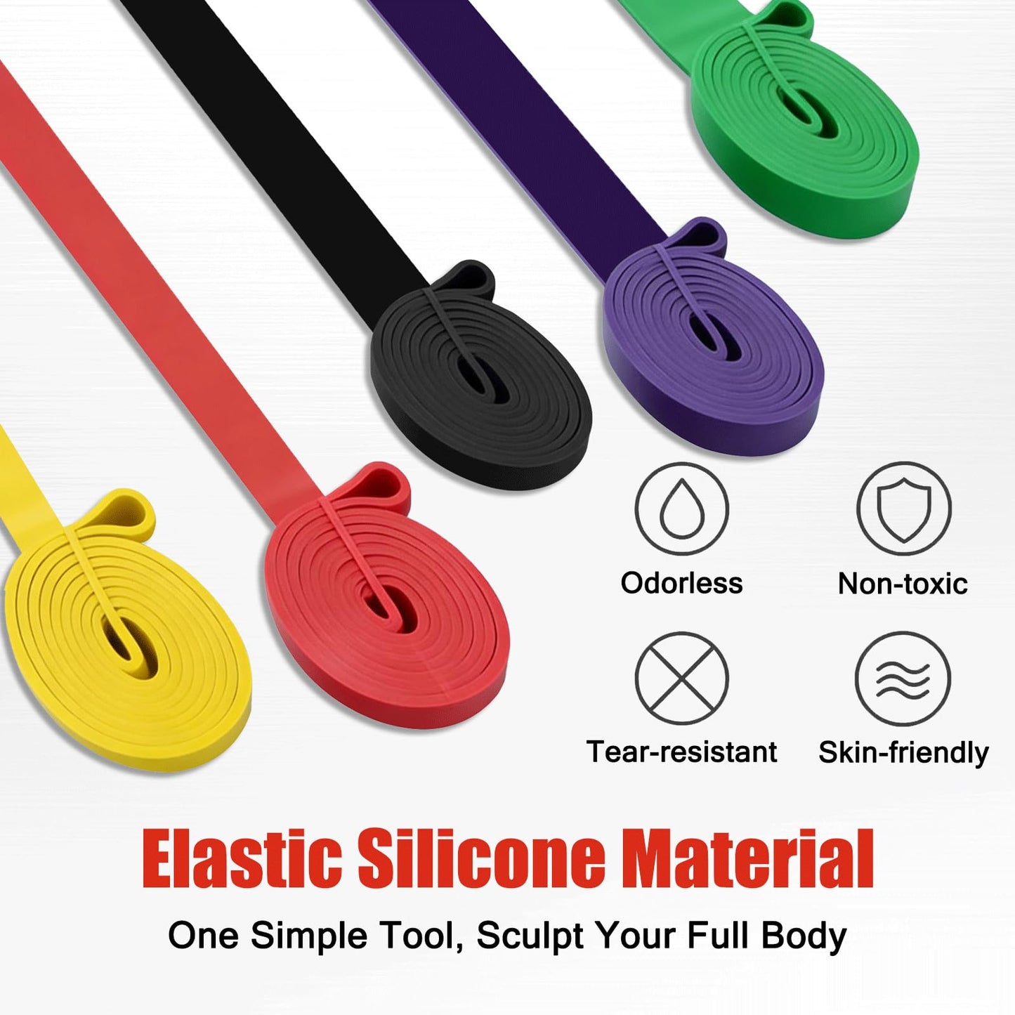 5 Levels Resistance Bands Set, Elastic Silicone Exercise Bands for Pull Up Assistance, Physical Therapy Stretching Training, Home Gym for Women Men