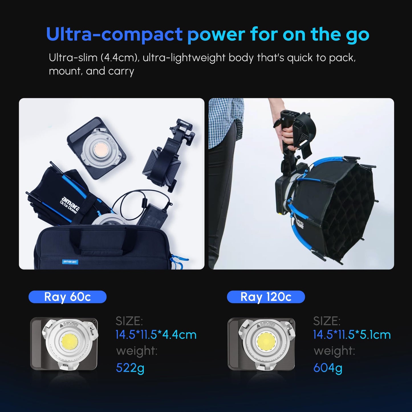 Amaran Ray 60c RGB Video Light,60W Portable Studio Photography Light CCT 1,800K-20,000K with Softbox Portable Bag for YouTube,TikTok,Live Streaming,Weddings,Vlog