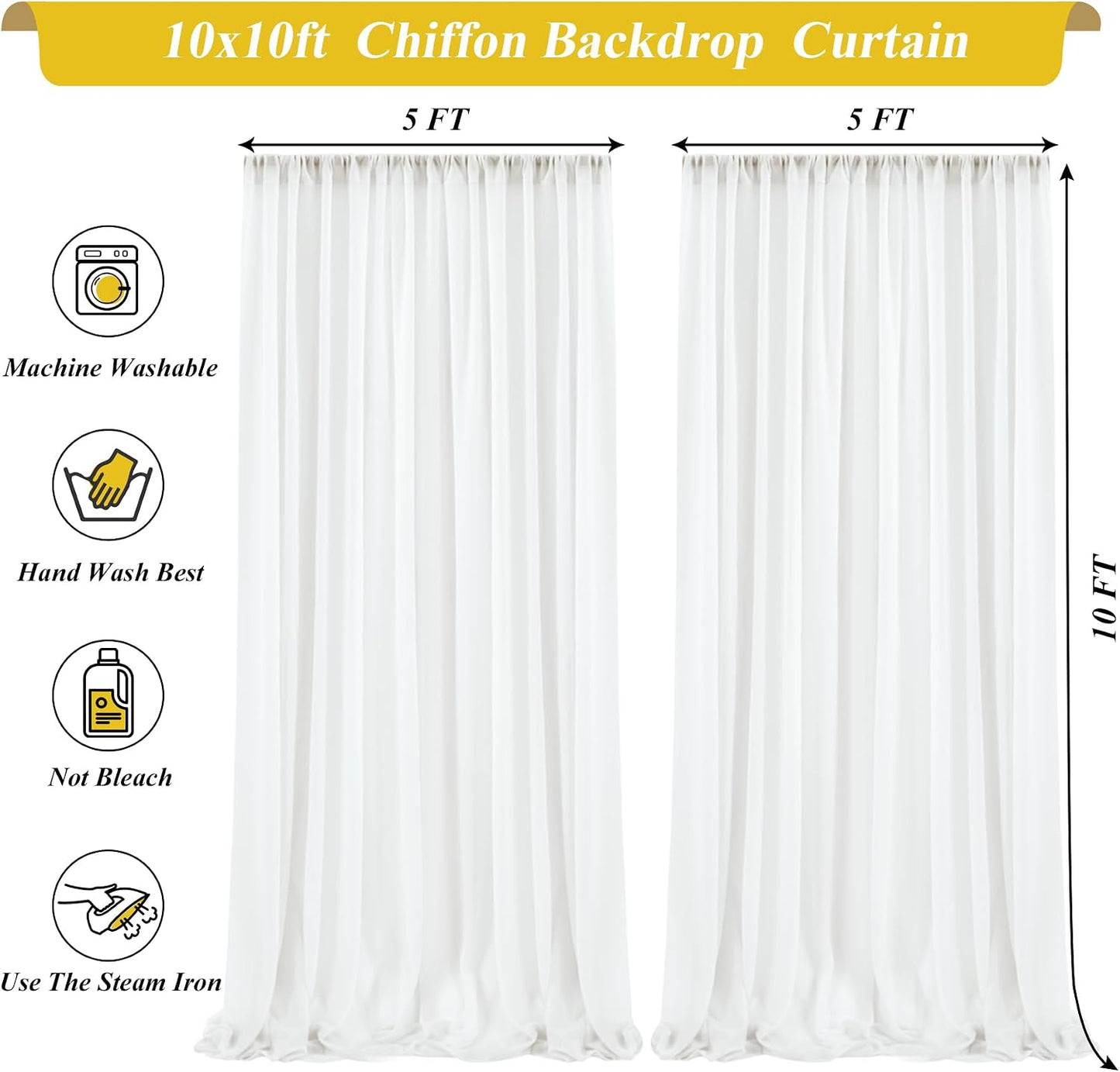Shillance 10x10ft Cream White Chiffon Backdrop Curtain with Lights String for Wedding Sheer Tulle Curtain Photo