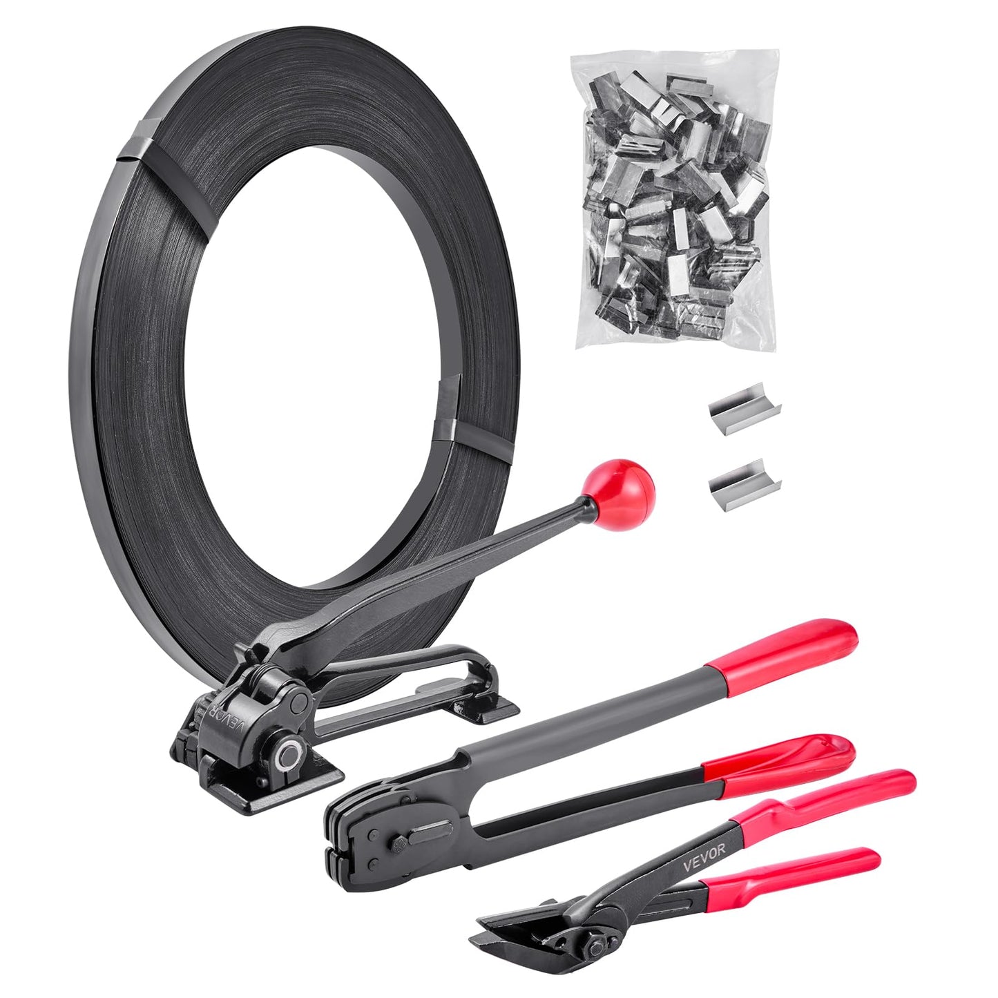 VEVOR Steel Banding Strapping Kit, Heavy Duty Banding Sealer Tool with 600 ft Binding Straps, 300 Metal Seals, Manual Pallet Packaging Strapping Kit for Warehouse, Transportation, Industrial Bundling