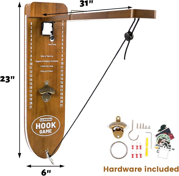 Ring Toss Game, Man Cave Decor, Solid Wood Wall Mounted Hook and Ring Game with Adjustable Rings & LED Lights, Ring Swing Game,Outdoor Games,Yard Games