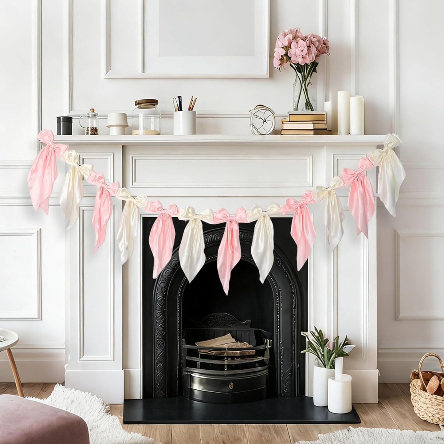 White Pink Bow Garland Banner - Satin Ribbon Decor for Fireplace | Perfect for Bachelorette, Bridal Shower, Birthday, and Wedding Parties