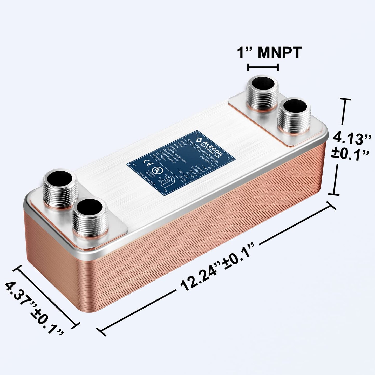 4"x12" 30 Plates Heat Exchanger with 1" MPT Port Water to Water 316L Stainless Steel Brazed Plate Heat Exchanger for Water Heating, Floor Heating, Commercial and Industrial Refrigeration