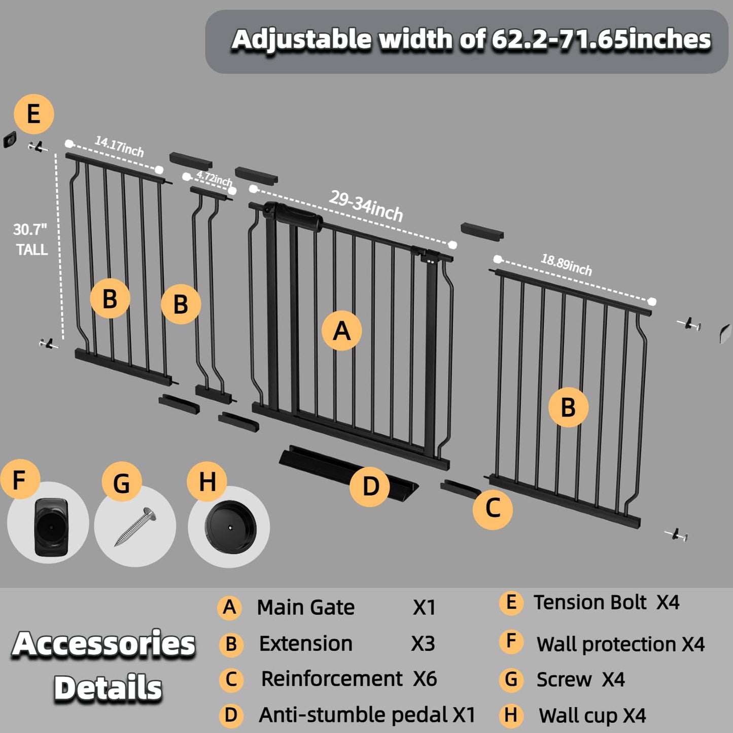TSAYAWA 62.2"-71.65" Extra Wide Auto Closing Baby Safety Gate for Stairs & Doorways, Pressure Mounted No Drill Pet Gate with Walk-Through Door - Heavy Duty Childproof Gate for Toddlers, Kids, Dogs