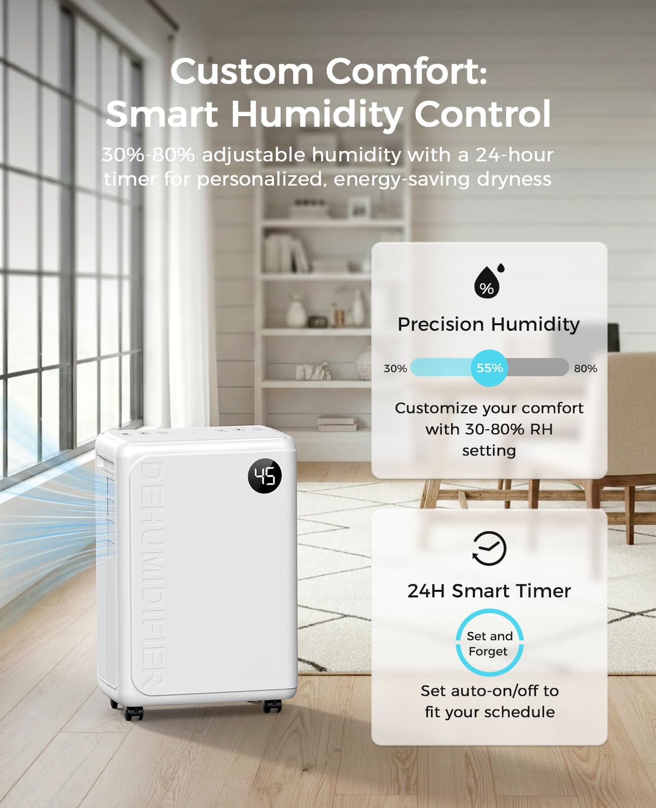 PLUSCENT 32 Pint Dehumidifier for Basement, 2500 sq.ft Dehumidifiers for Home with Drain Hose, 3 Modes, Auto Defrost, 24H Timer, Quiet Smart Humidity Control for Large Room, Bedroom, Bathroom, RV