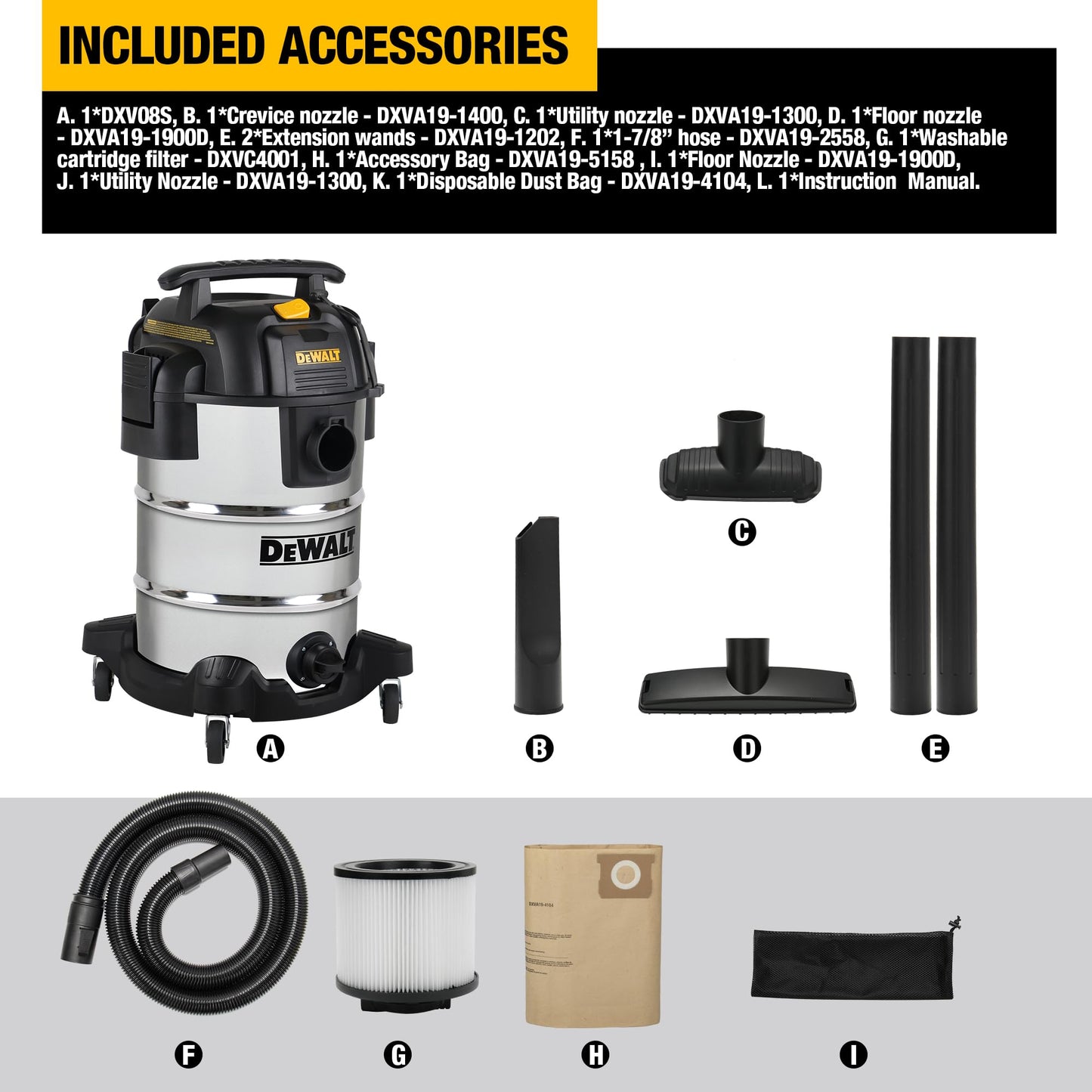 DEWALT DXV08S 8 Gallon Wet/Dry Vacuum, 4 Peak HP Shop Vacuum, Stainless Steel Tank, Silver
