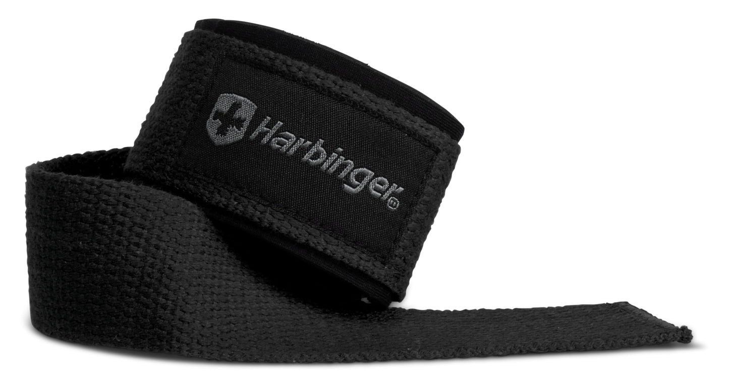 Harbinger Padded Cotton Lift Straps, Black - Soft, Supportive Neotek Wrist Pads - 21.5" Length, 1.5" Width - Reinforced Edges & Heavy-duty Stitching - Cushions Wrists for Lifting Support