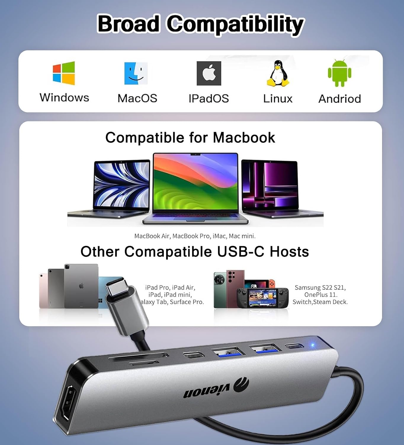 vienon 7 1 4K USB C Hub HDMI Adapter for Monitor, in USB C Docking Station with HDMI, SD/TF Card Reader Compatible