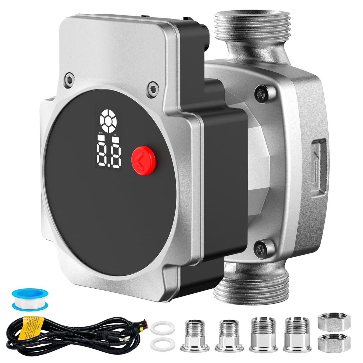 WASSERMANN 115V 30W Smart ECM Circulator Pump with 3 Control Modes, High Efficiency Circulator Pump for Tank Water Heaters/Domestic Hot Water Recirculating System, 1" 3/4" 1/2"NPT Adapter