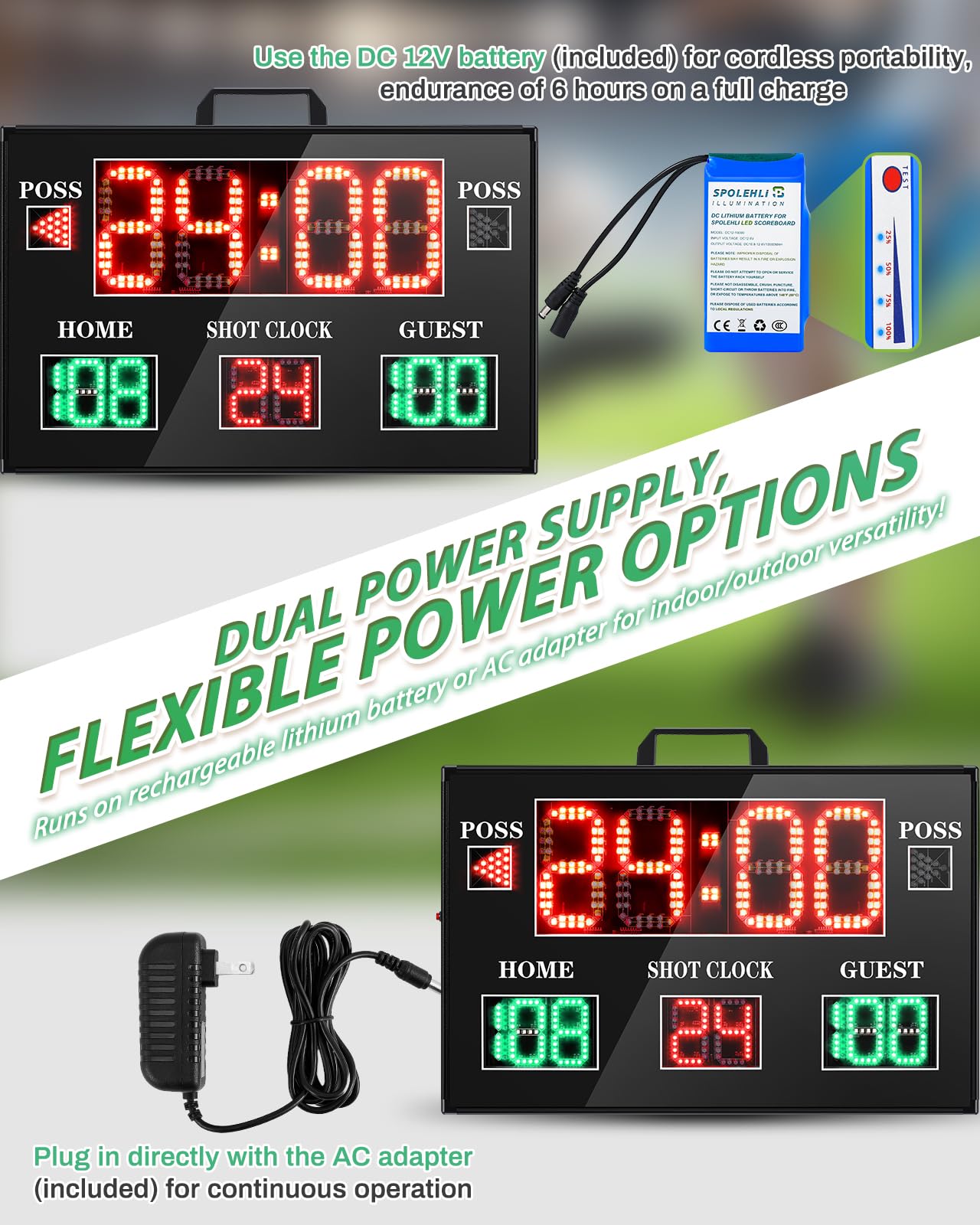 Spolehli Large Electronic Scoreboard with Wireless LCD RF Controller - 22.4x14.6 Big LED Display, 100Ft Visibility, Dual Power Options, Flexible Timing Control for Indoor/Outdoor Sports Games
