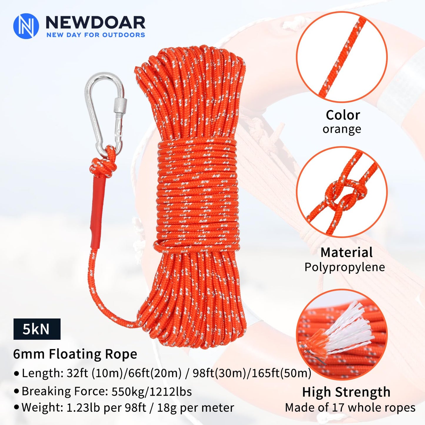 NewDoar 6mm Marine Floating Rope High-Strength Braided Reflective Anchor Mooring Rope with Hook 10M 20M 30M 50M Dock Lines for Boating,Camping,Anchoring, Fishing,Mooring,Tent Canopy-Orange/10M