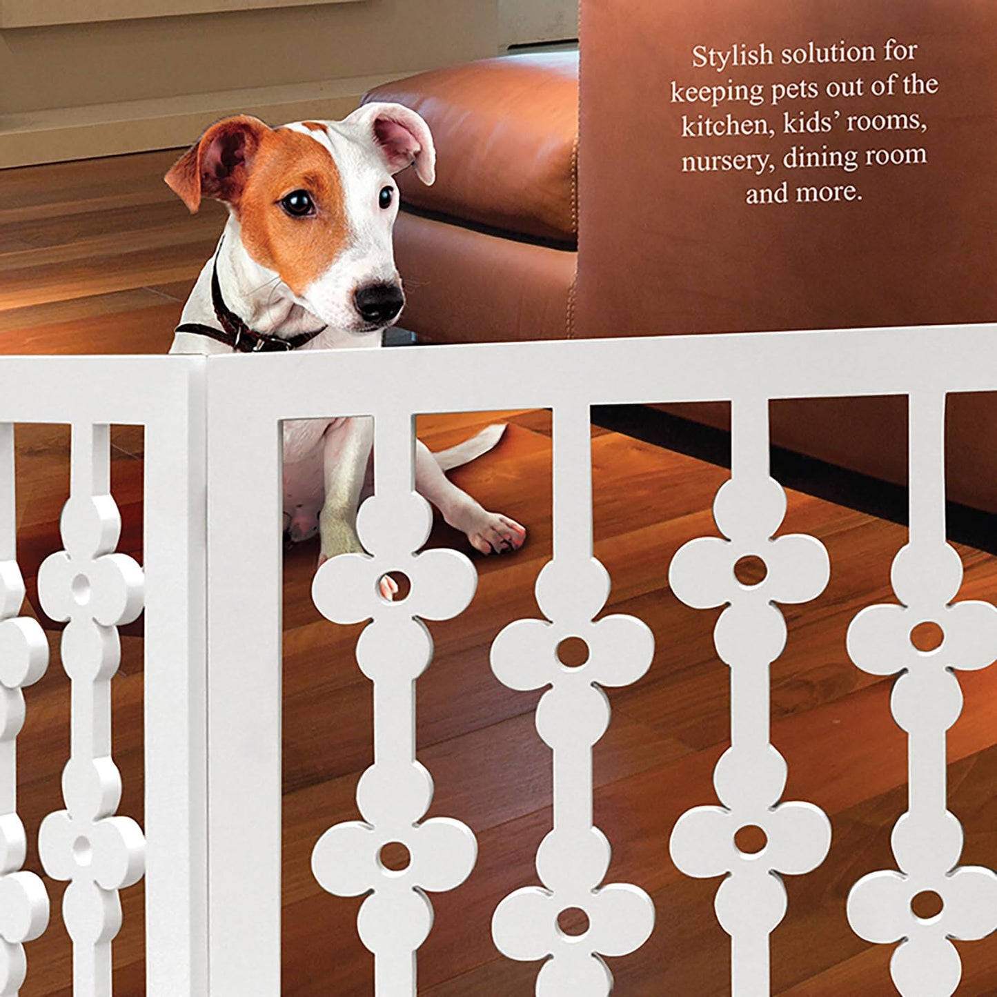 Etna White Floral Wooden Pet Gate - Freestanding Foldable Adjustable 3-Section Dog Gate. Extra Wide, Keeps Pets Safe Indoors/Outdoors - Fully Assembled