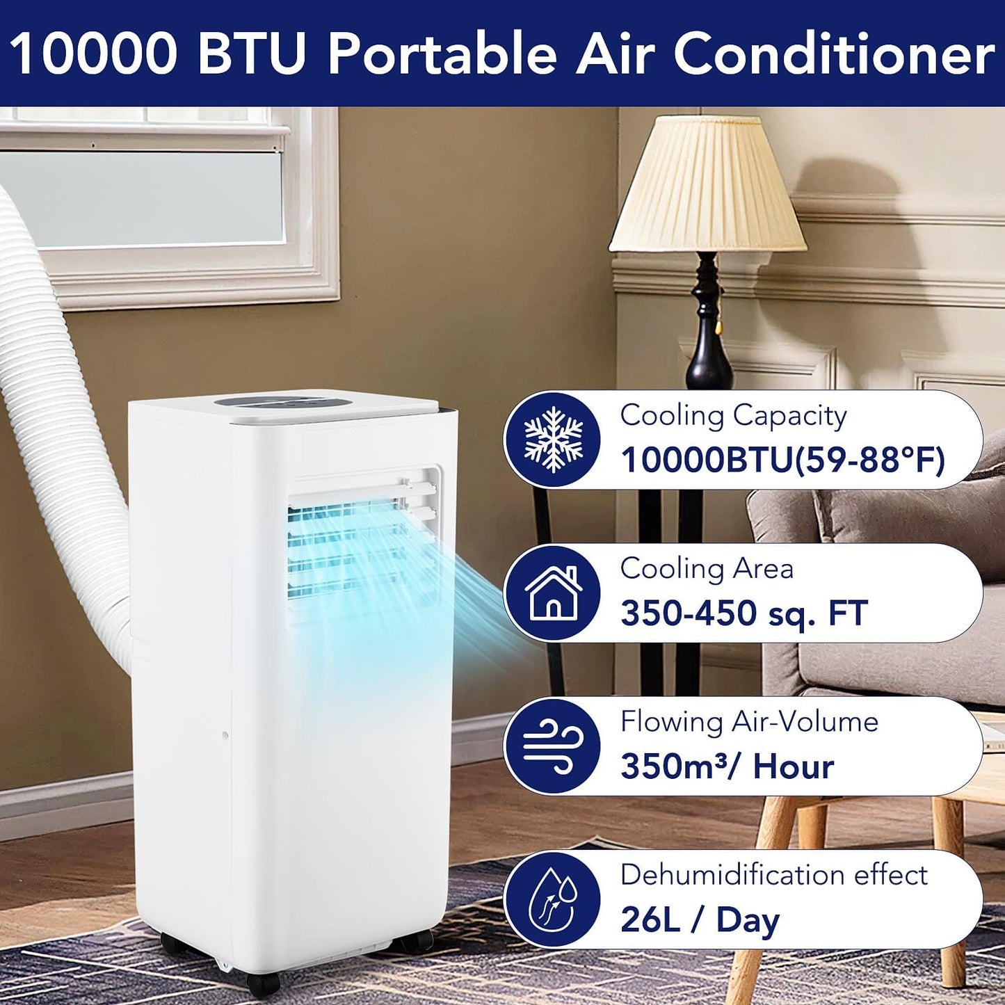 10,000 BTU Portable Air Conditioner – 3-in-1 AC with Dehumidifier & Fan, Quiet Operation, Energy Efficient, Remote Control, Sleep & Timer Modes, Cools up to 450 Sq.Ft, Home, Office, RV, White
