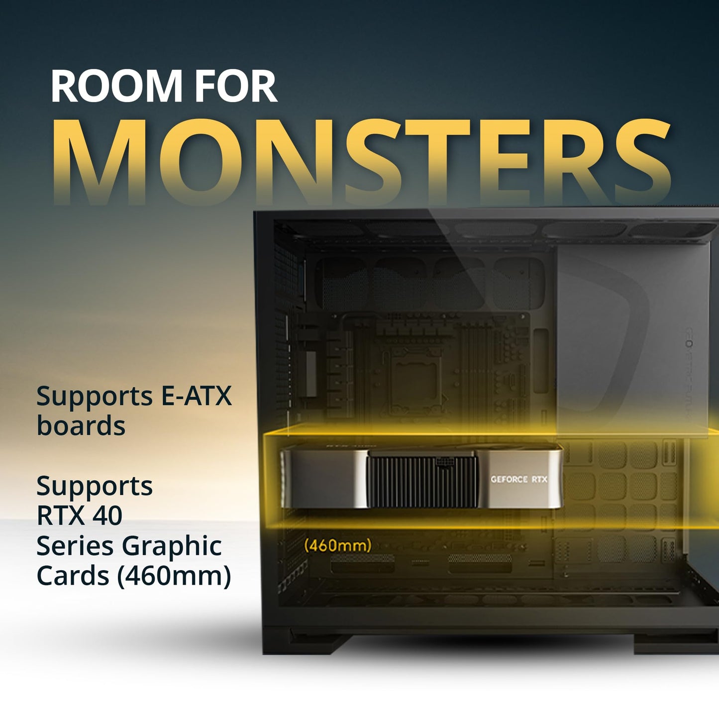 Geometric Future M5 Tempered Glass Mid Tower, E-ATX/ATX Gaming Case, 1.2mm Steel, Type C, Toolless Panels, Support 420/360 Radiator, ARGB PWM 140m Fan x 5 Pre-Installed, Black/Grey, GEO-M5F-BG