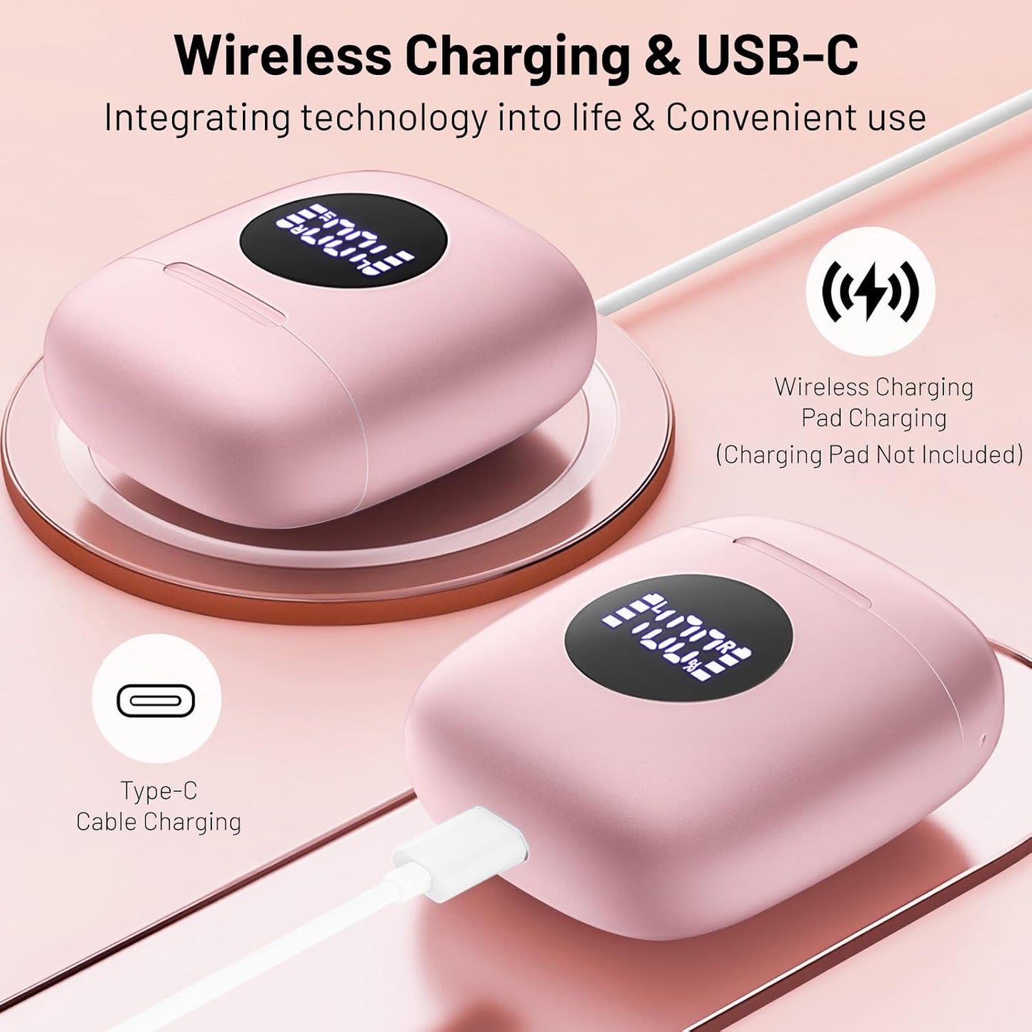 50H IPX7 Wireless Earbuds, Bluetooth Headphones with HiFi Stereo Noise Cancelling Mic, USB-C Charging Case, Playtime