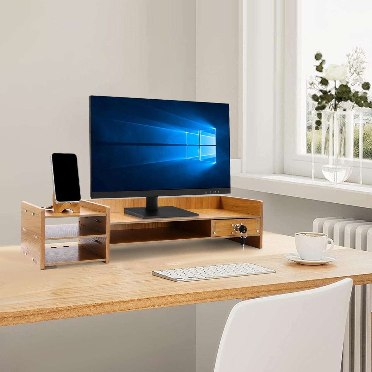 QUSKLISU (02) Computer Monitor Stand, Computer Rack with Drawers, Two top Platforms Desk Organizer Monitor Stand