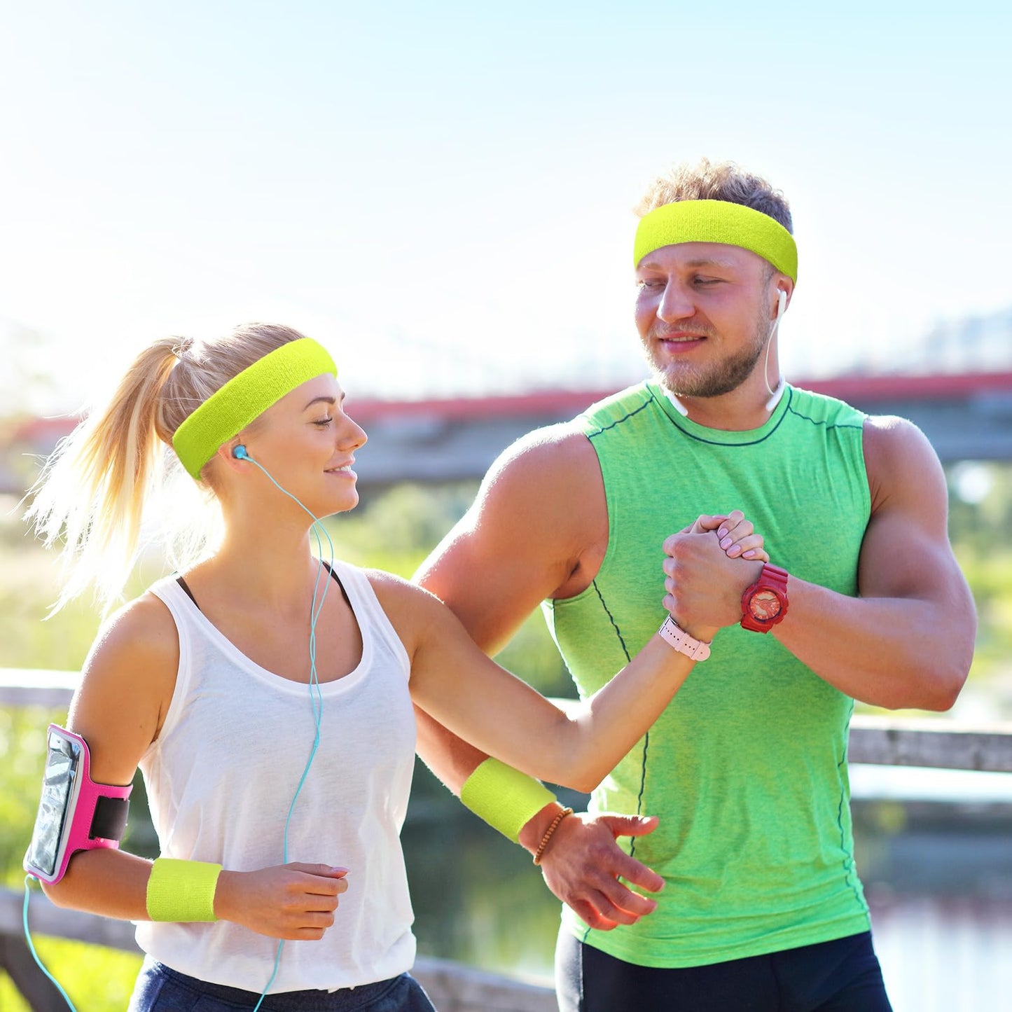 24 Pieces 80s Neon Sweatbands Set, Include 8 Sports Headbands and 16 Sweat Wristbands Elastic Athletic Tennis Sweat Bands Bulk for Man Woman(Fluorescent Yellow)