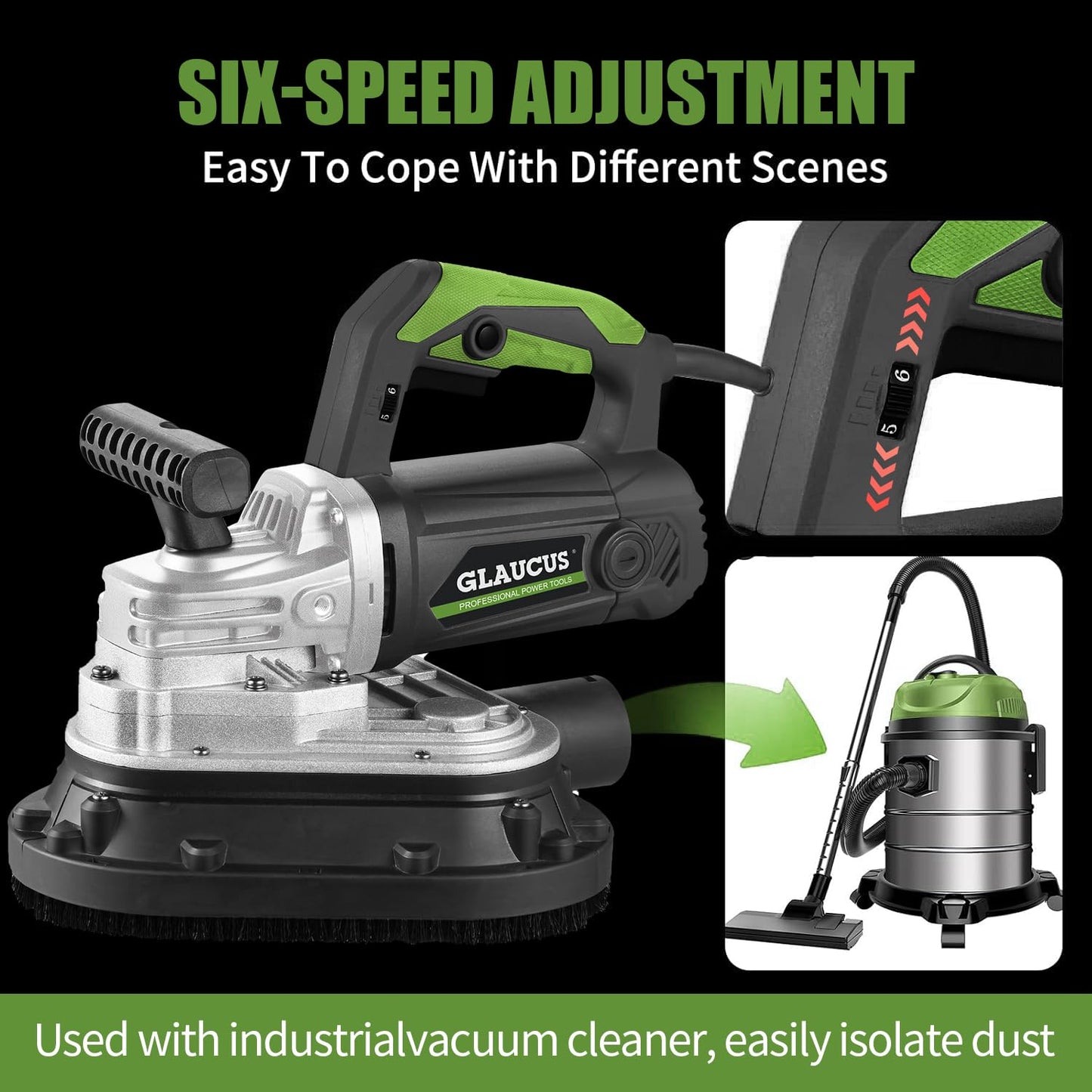 GLAUCUS 4" 3-Head Concrete Grinder, 2450W Concrete Floor Grinder with Bristle Dust Shroud & Vacuum, 6-Speed Diamond Grinding Machine for Concrete, Marble, Granite, Cement Floor Wall Polishing