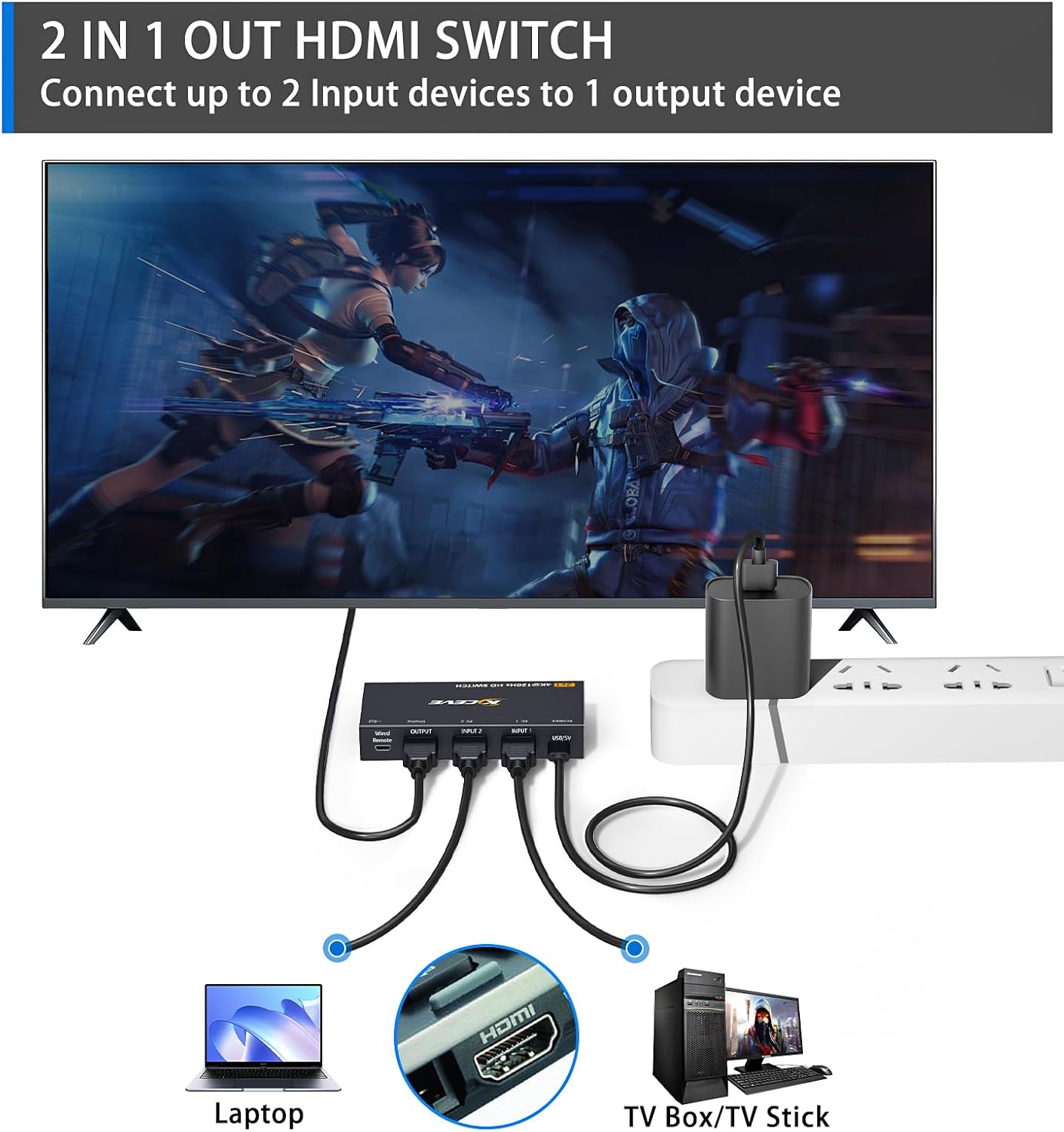 Reyoten 2 1 4K@120Hz 2 1 3D, PS5 PS4, HDMI Switch in Out, HDMI Switch, HDMI Switcher, in Out, Supports HDR, Compatible