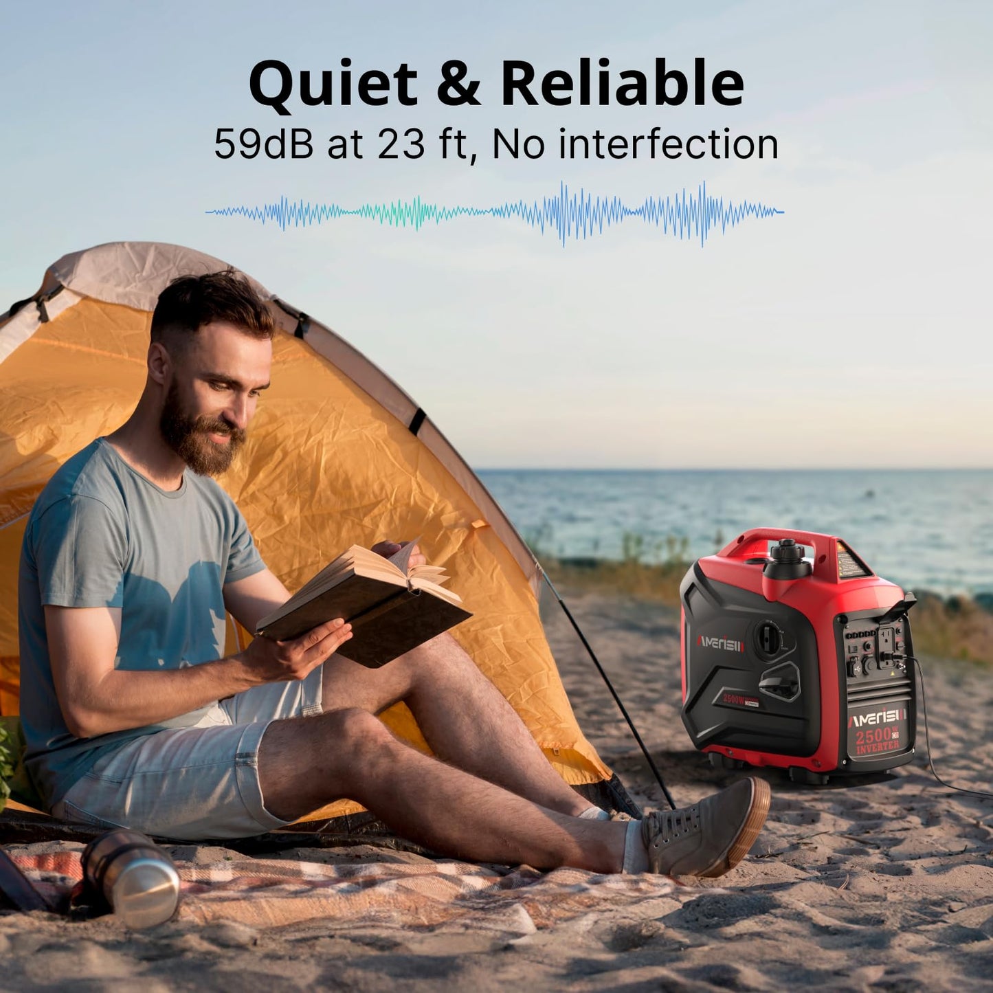 AMERISUN 2500-Watt Inverter Generator, Super Quiet & Lightweight Gas Powered Generator, CO Sensor, RV Ready Parallel Capable, Long Run Time for Camping, Tailgating and Home Use