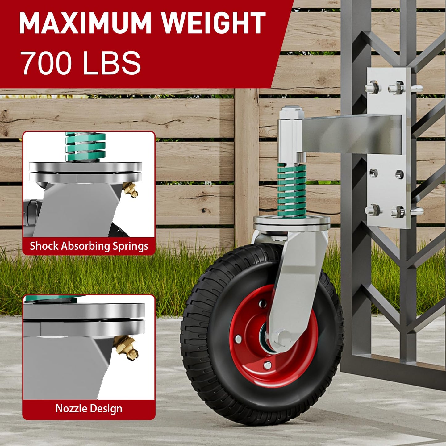 DOZAWA Gate Wheel, 8 Inch Heavy Duty Fence Gate Wheels for Wooden Gate and Metal Tube Gate, Support to 700 lbs, Spring-Loaded 360 Degree Rotation Gate Caster Kit (Red)