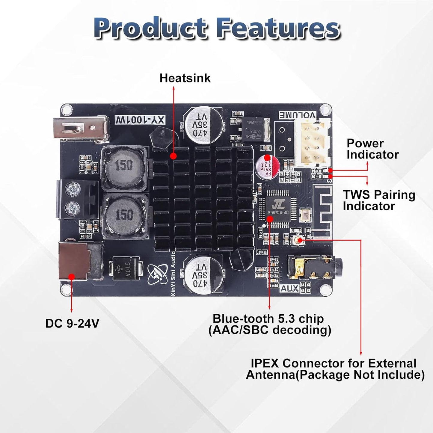 100W, TPA3116 9-24V) Bluetooth Amplifier Board Mono Audio Amp with IPEX Antenna Connector, TWS Pairing