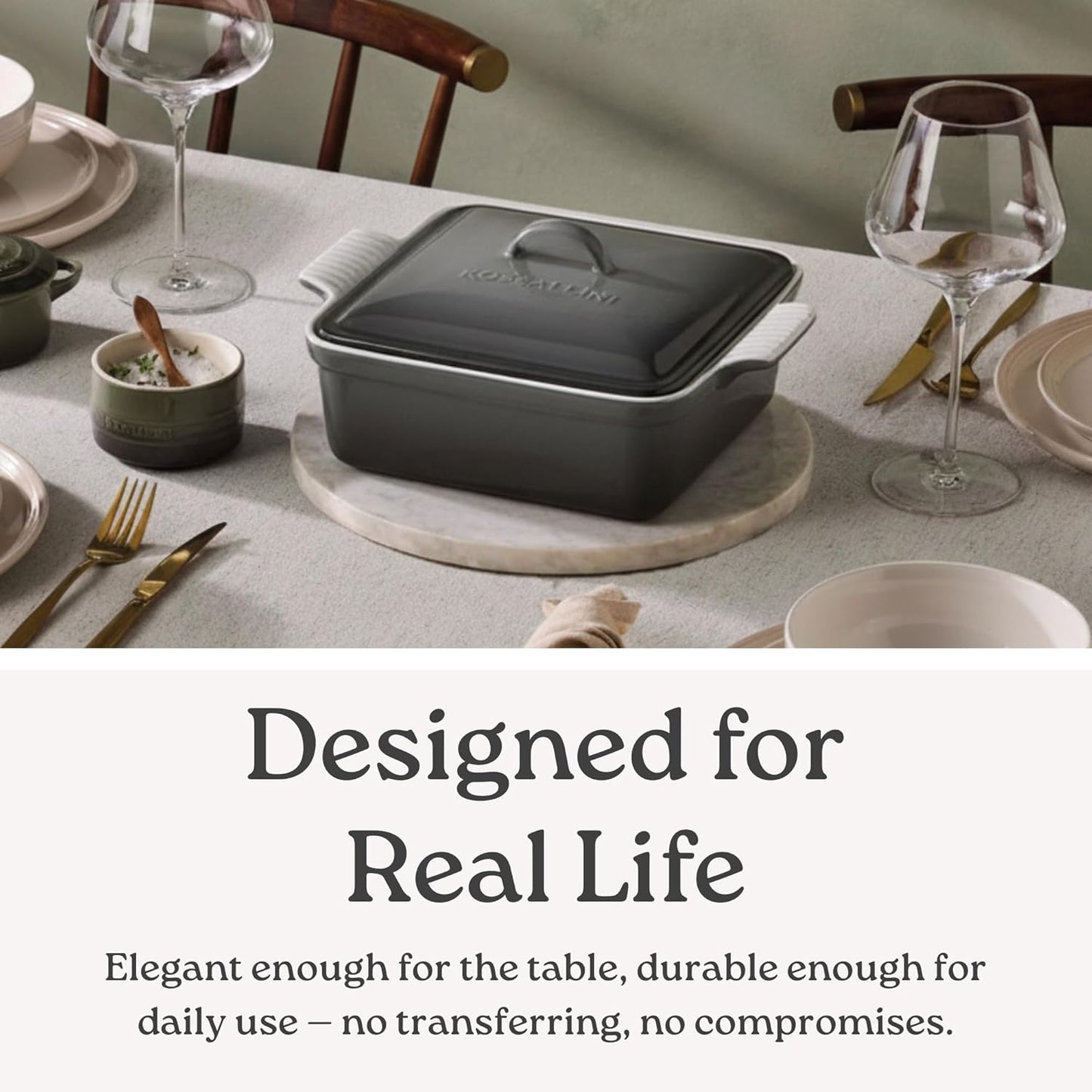 ROSSALLINI Stoneware Casserole Dish - Covered Square Bakeware with Lid | Medium 2 Quart, Ocean Blue