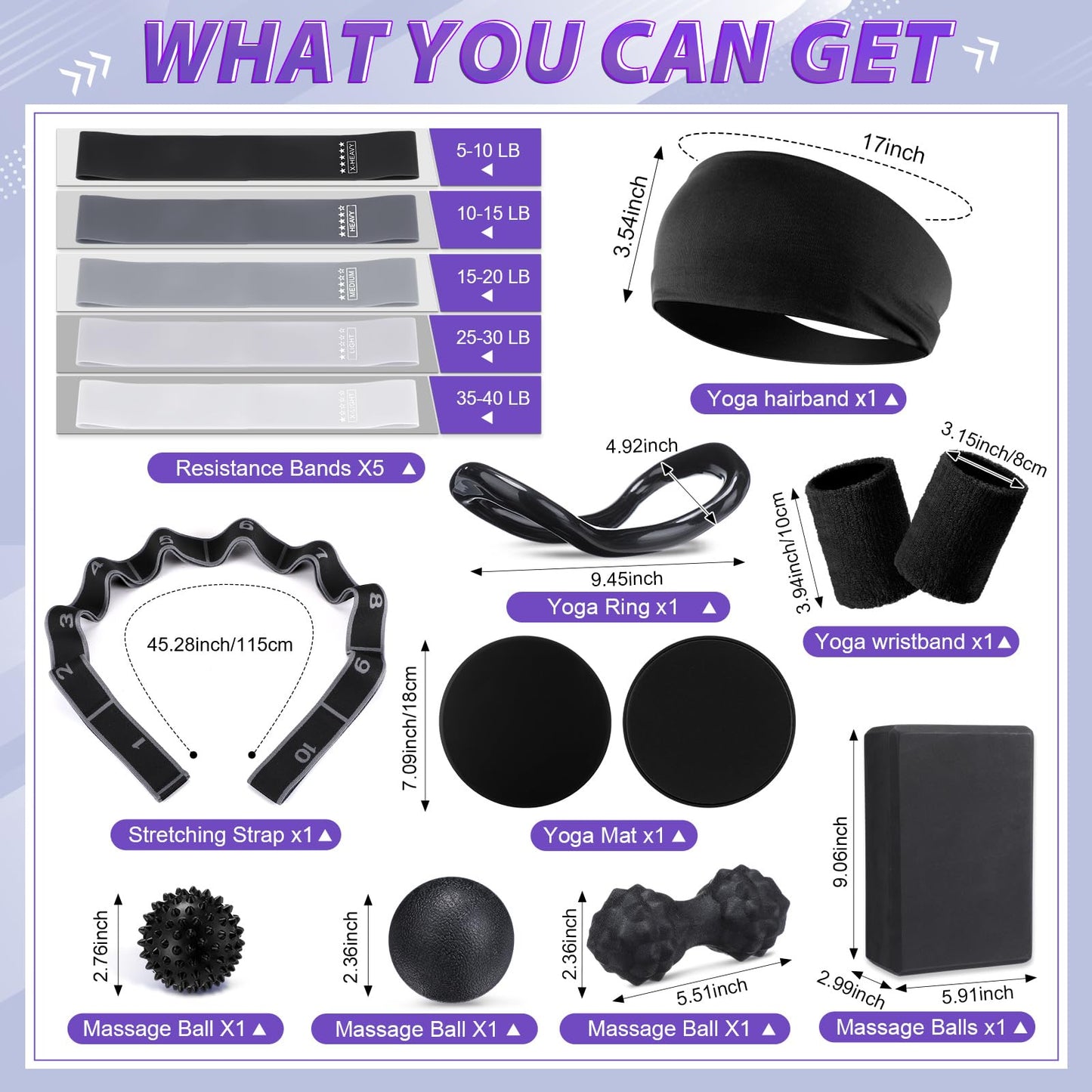 24 Pcs Home Pilates Essentials Kit for Women, Pilates Equipment Ring and Ball Set with Stretching Strap, Water Bottle, Magic Circle, Yoga Ring, Gym Bag, Resistance Band, Anti Slip Socks(Black)