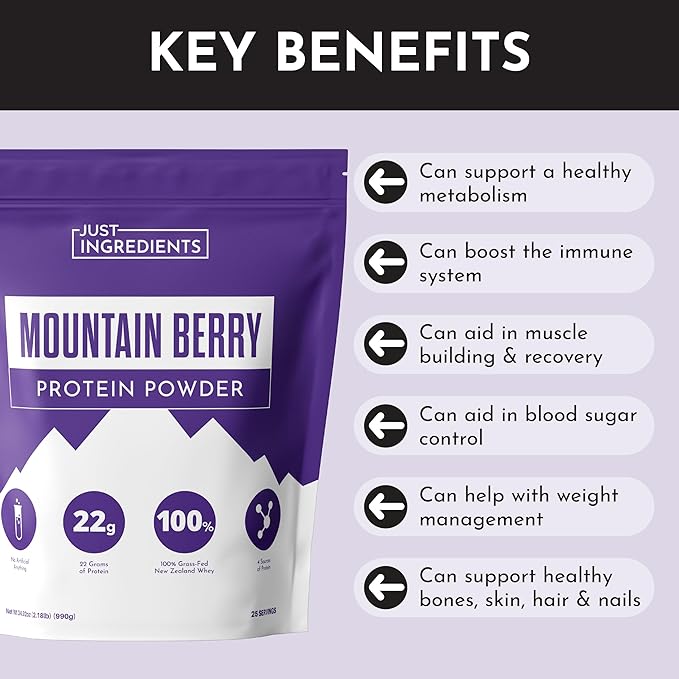 JUST INGREDIENTS Mountain Berry Protein Powder ??30-Serving Blend with 100% Grass-Fed Whey & Organic Plant Proteins ??Mixed Berry Flavor with Real Fruit ??Supports Muscle Recovery, Energy*