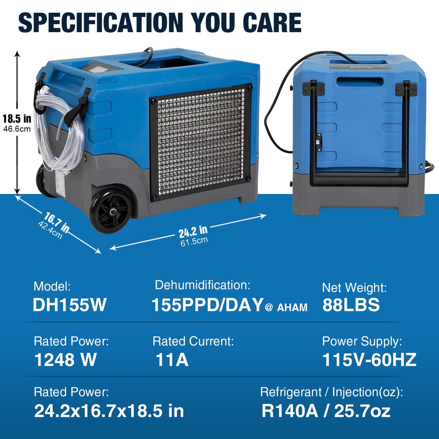 Mounto MOUNTO 268Pints LGR Commercial Compact Dehumidifier with Pump and Drain Hose, LGR Portable Dehumidifier with wheels for Home, Basements, Garages, and Job Sites (Blue)