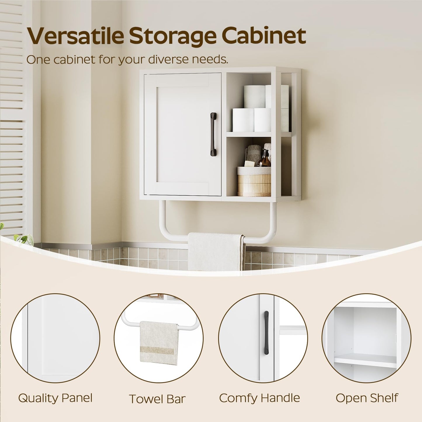 YATINEY Medicine Cabinet, Bathroom Wall Cabinet with Towel Bar, Over The Toilet Storage Cabinet with Adjustable Shelf and Open Partition, for Bathroom, Laundry Room, Living Room, Kitchen, White