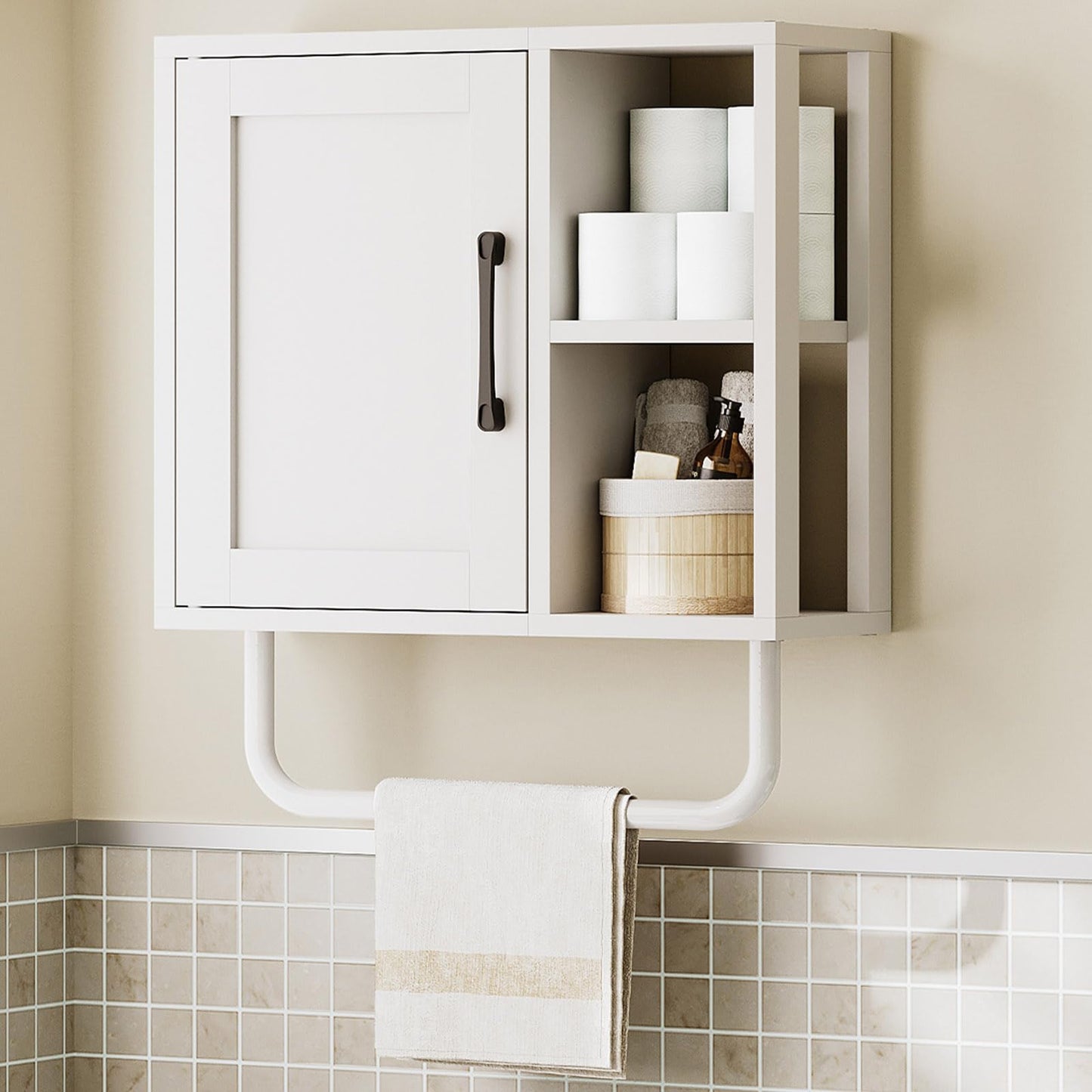 YATINEY Medicine Cabinet, Bathroom Wall Cabinet with Towel Bar, Over The Toilet Storage Cabinet with Adjustable Shelf and Open Partition, for Bathroom, Laundry Room, Living Room, Kitchen, White