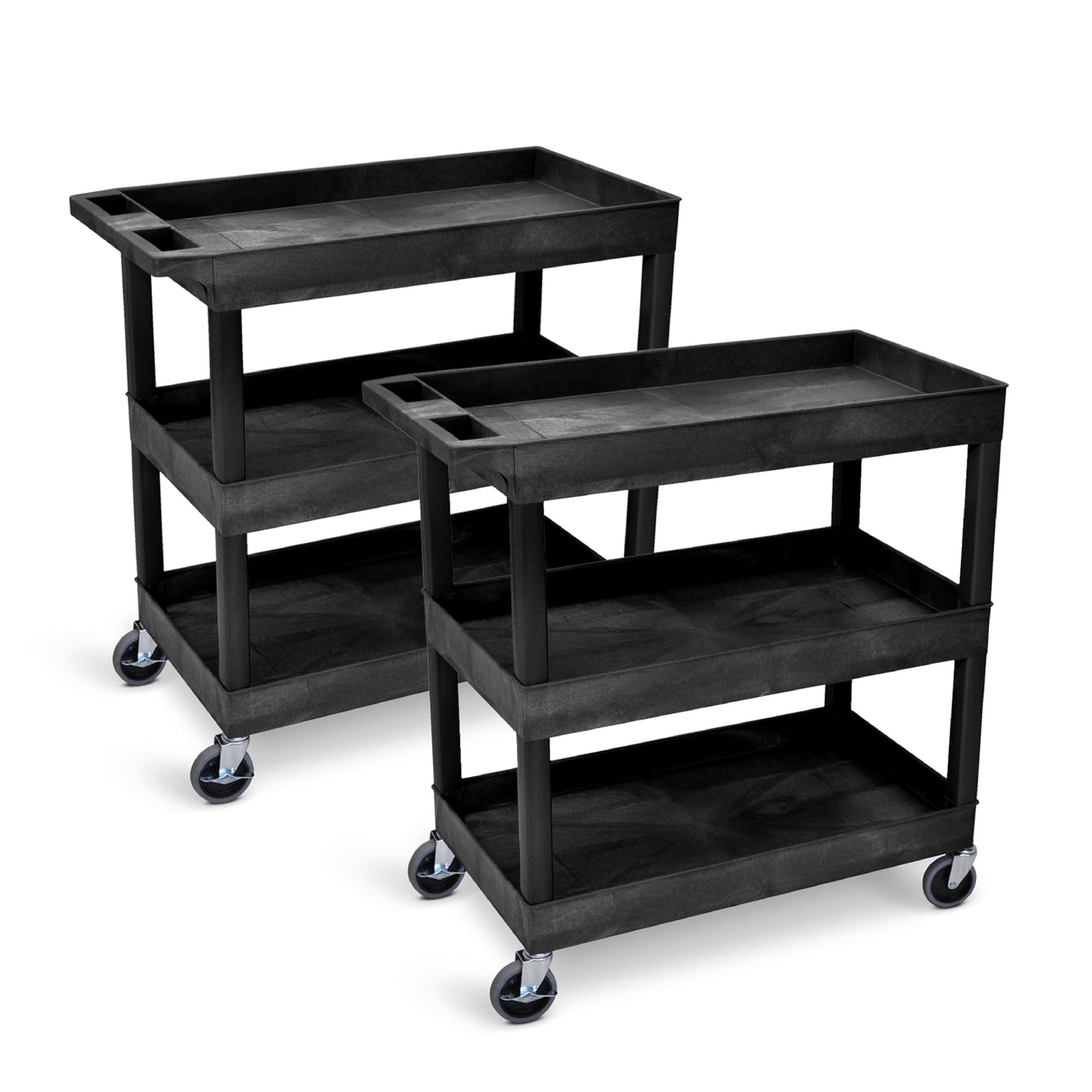 Tubstr 3-Tier Rolling Utility Cart 2-Pack | Each Supports up to 300 lbs. Heavy-Duty Shelf Cart for Garage Storage, Office Spaces, & Kitchen Use | Durable Tool Cart with Locking Wheels (Black, 32 x 18)
