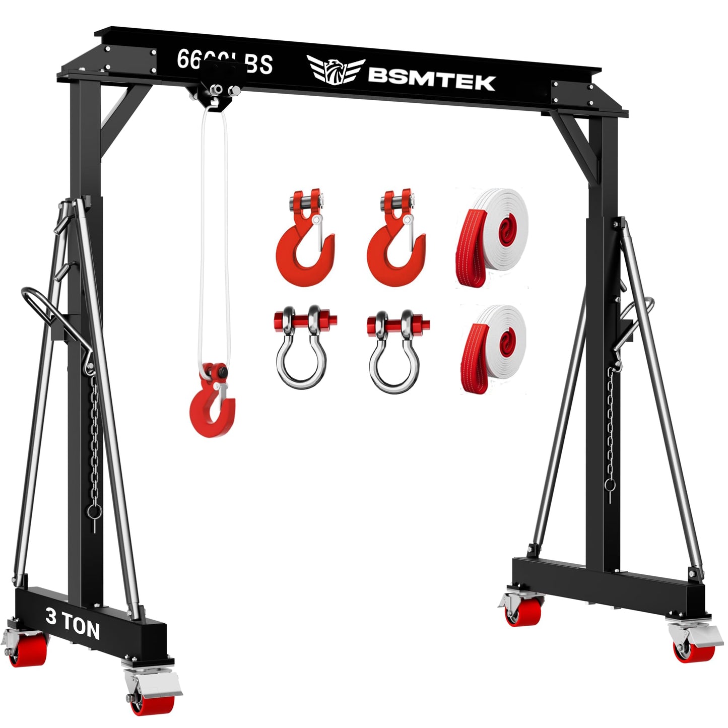 BSMTEK 3 Ton 6600LBS Gantry Crane, Upgraded Trolley, Adjustable Height (8.53-12.47 FT), Width (8.53 FT), Steel I-Beam Construction, Portable Shop Hoist for Factory, Warehouses, Repair