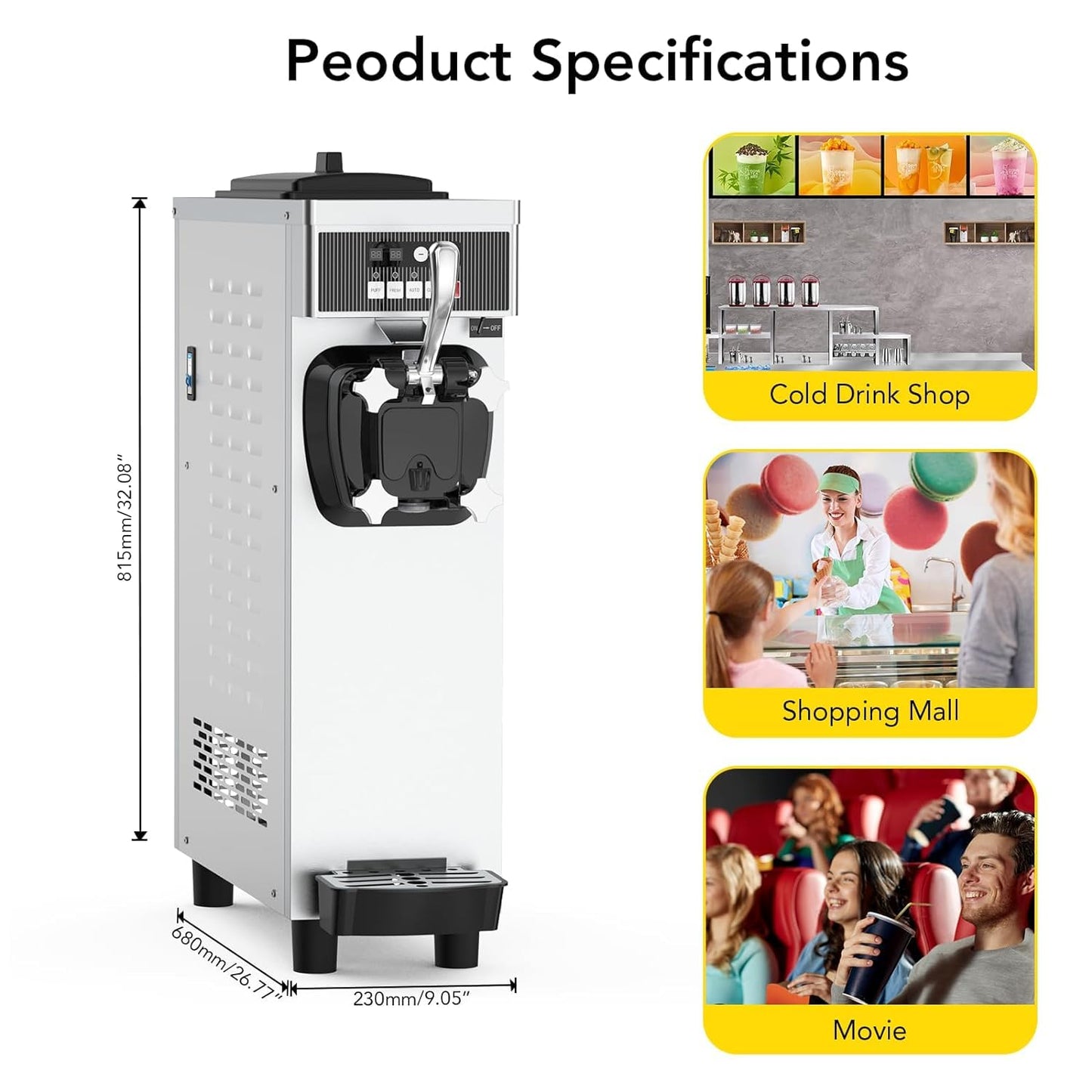 Takywep commercial Ice cream machine, 4.76 to 5.8GAL/H ice cream machine machine, with pre -cold function, 1050W single -flavored Compressor Soft Ice Cream Machine, with 1.85 gallon ingredient box