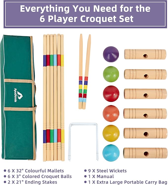 ApudArmis 32In Six Player Croquet Set with Deluxe Premiun Pine Wooden Mallets,Colored Ball,Wickets,Stakes - Lawn Backyard Game Set for Adults/Teens/Family (Large Carry Bag Including)
