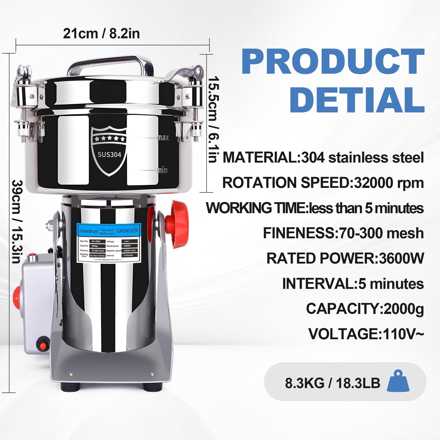 Greatrue 2000g Electric Grain Mill Grinder, 304 Stainless Steel Flour Mill, 3600W High Speed Spice Grinder, Electric Grain Mill for Dry Wheat, Oats, Corn, Pepper and Coffee Beans
