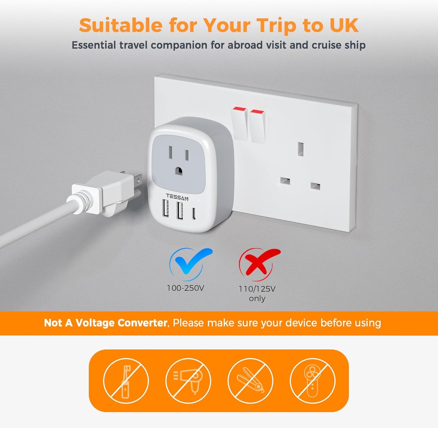 3 (1 UK Adapters for Travel, TESSAN US to UK Plug Adapter, Ireland Outlet Plug with USB Charger USB C Port), Type G