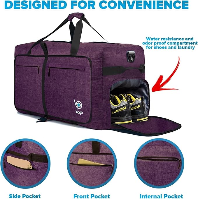 Bago Large Foldable Duffel Bags for Traveling Women & Men - 100L Packable Duffle Bag for Travel with Shoe Compartment - Water Repellant, Heavy Duty, Lightweight Folding & Collapsible (SnowDepPurple)