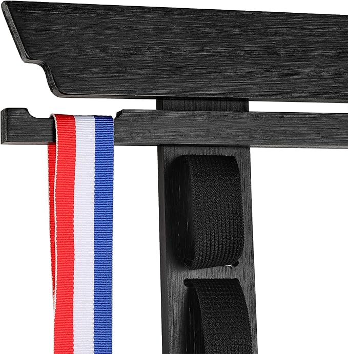 JUXYES Wall Hanging Martial Arts Belts Organizer for 10 Belts with Medal Hanger and Stickers, Bamboo Karate Belt Display Holder Rack, Taekwondo Belt Display Holder for Martial Arts Learners