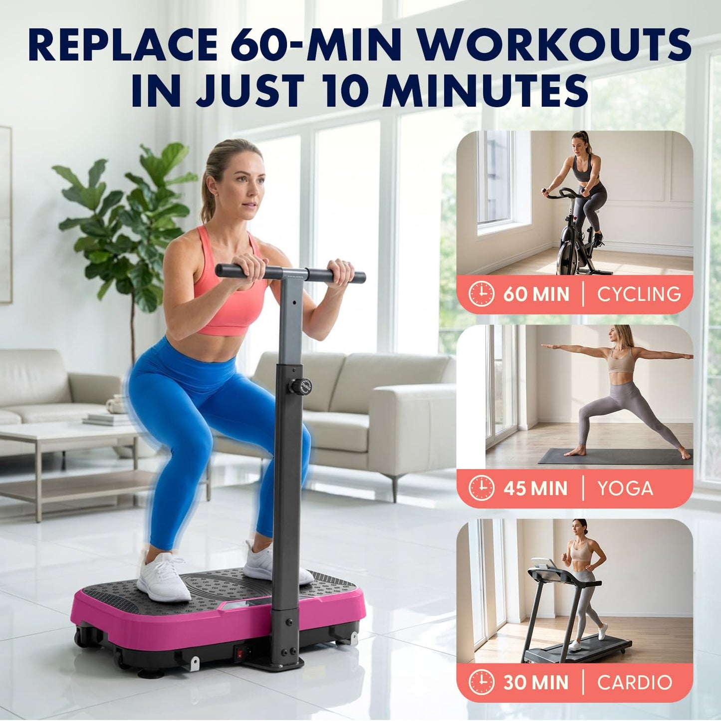 SQUATZ Vibration Plate Exercise Machine with Handlebar, Vibration Plate with Handles, 1-99 Speed Levels, 10 Preset Programs, Low-Impact Home Fitness Platform with Remote, Portable Design, Pink